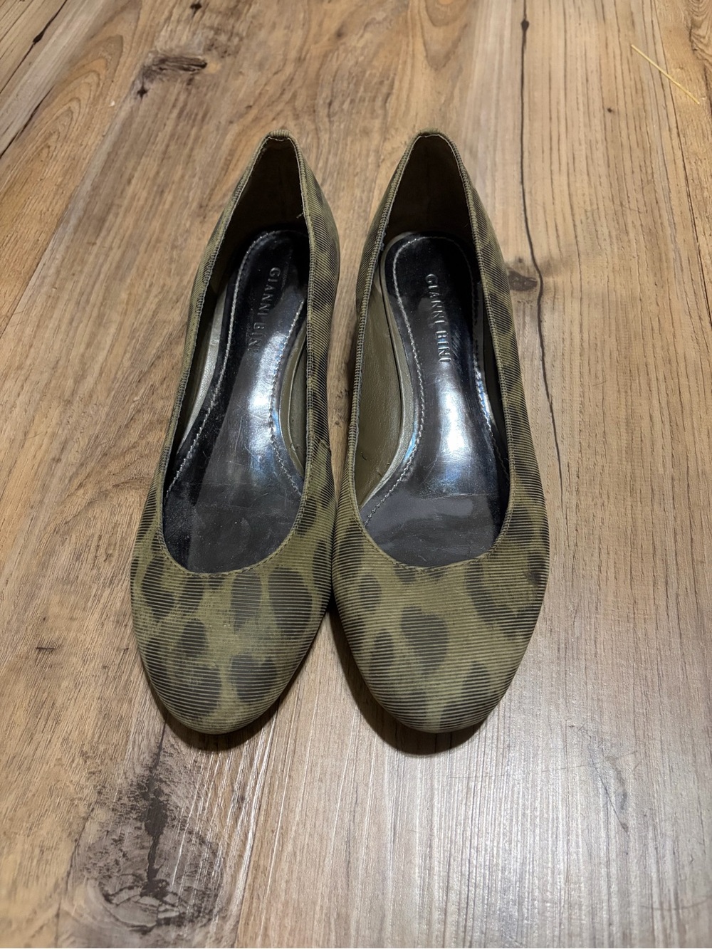 Gianni Bini Olive Leopard Print Slip-On kitten heel wedges